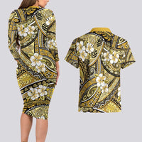 Polynesian Hibiscus Tropical Yellow Floral Couples Matching Long Sleeve Bodycon Dress and Hawaiian Shirt Tribal Pattern LT01 - Polynesian Pride