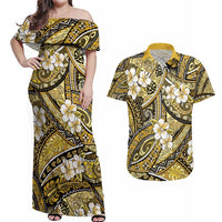 Polynesian Hibiscus Tropical Yellow Floral Couples Matching Off Shoulder Maxi Dress and Hawaiian Shirt Tribal Pattern LT01 Yellow - Polynesian Pride