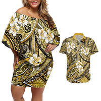 Polynesian Hibiscus Tropical Yellow Floral Couples Matching Off Shoulder Short Dress and Hawaiian Shirt Tribal Pattern LT01 Yellow - Polynesian Pride