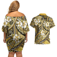 Polynesian Hibiscus Tropical Yellow Floral Couples Matching Off Shoulder Short Dress and Hawaiian Shirt Tribal Pattern LT01 - Polynesian Pride