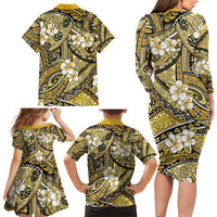 Polynesian Hibiscus Tropical Yellow Floral Family Matching Long Sleeve Bodycon Dress and Hawaiian Shirt Tribal Pattern LT01 - Polynesian Pride