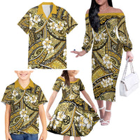 Polynesian Hibiscus Tropical Yellow Floral Family Matching Off The Shoulder Long Sleeve Dress and Hawaiian Shirt Tribal Pattern LT01 - Polynesian Pride