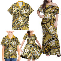 Polynesian Hibiscus Tropical Yellow Floral Family Matching Off Shoulder Maxi Dress and Hawaiian Shirt Tribal Pattern LT01 - Polynesian Pride