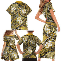 Polynesian Hibiscus Tropical Yellow Floral Family Matching Short Sleeve Bodycon Dress and Hawaiian Shirt Tribal Pattern LT01 - Polynesian Pride