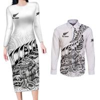 Custom New Zealand Silver Fern Rugby Couples Matching Long Sleeve Bodycon Dress and Long Sleeve Button Shirts Aotearoa Kiwi Maori White Version LT01 White - Polynesian Pride