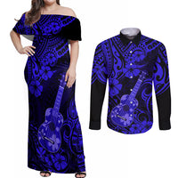 Hawaii Ukulele Couples Matching Off Shoulder Maxi Dress and Long Sleeve Button Shirts Polynesian Pattern Navy Blue Version LT01 Blue - Polynesian Pride
