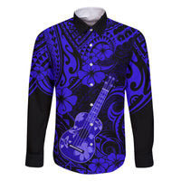 Hawaii Ukulele Family Matching Off Shoulder Short Dress and Hawaiian Shirt Polynesian Pattern Navy Blue Version LT01 Dad's Shirt - Long Sleeve Blue - Polynesian Pride