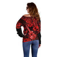 Hawaii Ukulele Off Shoulder Sweater Polynesian Pattern Red Version LT01 - Polynesian Pride