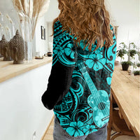 Hawaii Ukulele Women Casual Shirt Polynesian Pattern Turquoise Version LT01 - Polynesian Pride