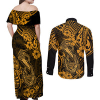 Hawaii Fish Hook Couples Matching Off Shoulder Maxi Dress and Long Sleeve Button Shirts Polynesian Pattern Gold Version LT01 - Polynesian Pride