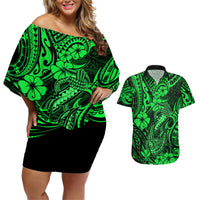 Hawaii Fish Hook Couples Matching Off Shoulder Short Dress and Hawaiian Shirt Polynesian Pattern Green Version LT01 Green - Polynesian Pride