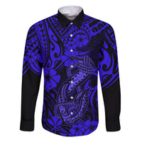 Hawaii Fish Hook Family Matching Off Shoulder Long Sleeve Dress and Hawaiian Shirt Polynesian Pattern Navy Blue Version LT01 Dad's Shirt - Long Sleeve Blue - Polynesian Pride
