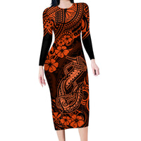Hawaii Fish Hook Family Matching Long Sleeve Bodycon Dress and Hawaiian Shirt Polynesian Pattern Orange Version LT01 Mom's Dress Orange - Polynesian Pride