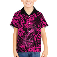 Hawaii Fish Hook Family Matching Off Shoulder Maxi Dress and Hawaiian Shirt Hibiscus Hawaii Tribal Tattoo Pink Version LT01 Son's Shirt Pink - Polynesian Pride