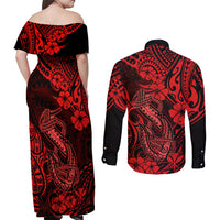 Hawaii Fish Hook Couples Matching Off Shoulder Maxi Dress and Long Sleeve Button Shirts Hibiscus Hawaii Tribal Tattoo Red Version LT01 - Polynesian Pride