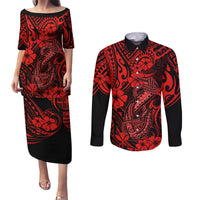 Hawaii Fish Hook Couples Matching Puletasi Dress and Long Sleeve Button Shirts Hibiscus Hawaii Tribal Tattoo Red Version LT01 Red - Polynesian Pride