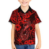 Hawaii Fish Hook Family Matching Off Shoulder Short Dress and Hawaiian Shirt Hibiscus Hawaii Tribal Tattoo Red Version LT01 Son's Shirt Red - Polynesian Pride