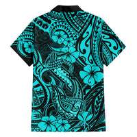 Hawaii Fish Hook Family Matching Long Sleeve Bodycon Dress and Hawaiian Shirt Hibiscus Hawaii Tribal Tattoo Turquoise Version LT01 - Polynesian Pride