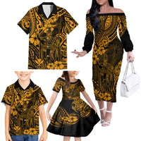 Hawaii King Kamehameha Family Matching Off Shoulder Long Sleeve Dress and Hawaiian Shirt Polynesian Pattern Gold Version LT01 - Polynesian Pride