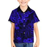 Hawaii King Kamehameha Family Matching Off Shoulder Maxi Dress and Hawaiian Shirt Polynesian Pattern Navy Blue Version LT01 Son's Shirt Blue - Polynesian Pride