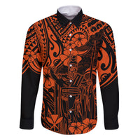 Hawaii King Kamehameha Family Matching Off Shoulder Short Dress and Hawaiian Shirt Polynesian Pattern Orange Version LT01 Dad's Shirt - Long Sleeve Orange - Polynesian Pride