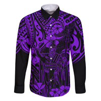 Hawaii King Kamehameha Family Matching Off Shoulder Short Dress and Hawaiian Shirt Polynesian Pattern Purple Version LT01 Dad's Shirt - Long Sleeve Purple - Polynesian Pride