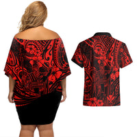 Hawaii King Kamehameha Couples Matching Off Shoulder Short Dress and Hawaiian Shirt Polynesian Pattern Red Version LT01 - Polynesian Pride