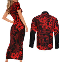 Hawaii King Kamehameha Couples Matching Short Sleeve Bodycon Dress and Long Sleeve Button Shirts Polynesian Pattern Red Version LT01 - Polynesian Pride