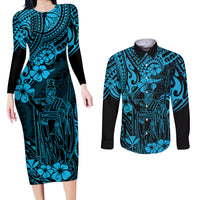 Hawaii King Kamehameha Couples Matching Long Sleeve Bodycon Dress and Long Sleeve Button Shirts Polynesian Pattern Sky Blue Version LT01 Blue - Polynesian Pride