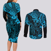 Hawaii King Kamehameha Couples Matching Long Sleeve Bodycon Dress and Long Sleeve Button Shirts Polynesian Pattern Sky Blue Version LT01 - Polynesian Pride