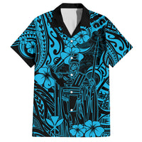 Hawaii King Kamehameha Family Matching Off Shoulder Short Dress and Hawaiian Shirt Polynesian Pattern Sky Blue Version LT01 Dad's Shirt - Short Sleeve Blue - Polynesian Pride