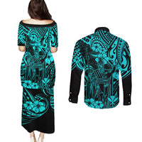 Hawaii King Kamehameha Couples Matching Puletasi Dress and Long Sleeve Button Shirts Polynesian Pattern Turquoise Version LT01 - Polynesian Pride