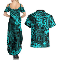Hawaii King Kamehameha Couples Matching Summer Maxi Dress and Hawaiian Shirt Polynesian Pattern Turquoise Version LT01 - Polynesian Pride