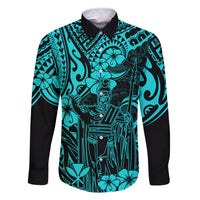 Hawaii King Kamehameha Family Matching Mermaid Dress and Hawaiian Shirt Polynesian Pattern Turquoise Version LT01 Dad's Shirt - Long Sleeve Turquoise - Polynesian Pride