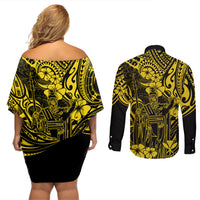 Hawaii King Kamehameha Couples Matching Off Shoulder Short Dress and Long Sleeve Button Shirts Polynesian Pattern Yellow Version LT01 - Polynesian Pride