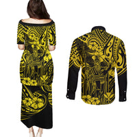 Hawaii King Kamehameha Couples Matching Puletasi Dress and Long Sleeve Button Shirts Polynesian Pattern Yellow Version LT01 - Polynesian Pride