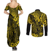 Hawaii King Kamehameha Couples Matching Summer Maxi Dress and Long Sleeve Button Shirts Polynesian Pattern Yellow Version LT01 - Polynesian Pride