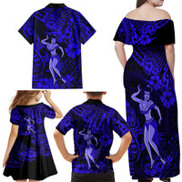 Hawaii Hula Girl Family Matching Off Shoulder Maxi Dress and Hawaiian Shirt Polynesian Pattern Navy Blue Version LT01 - Polynesian Pride
