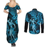 Hawaii Hula Girl Couples Matching Summer Maxi Dress and Long Sleeve Button Shirts Hibiscus Hawaii Tribal Tattoo Sky Blue Version LT01 - Polynesian Pride