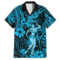 Hawaii Hula Girl Family Matching Tank Maxi Dress and Hawaiian Shirt Hibiscus Hawaii Tribal Tattoo Sky Blue Version LT01 Dad's Shirt - Short Sleeve Blue - Polynesian Pride