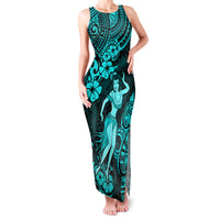 Hawaii Hula Girl Family Matching Tank Maxi Dress and Hawaiian Shirt Hibiscus Hawaii Tribal Tattoo Turquoise Version LT01 Mom's Dress Turquoise - Polynesian Pride