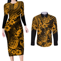 Hawaii Pineapple Couples Matching Long Sleeve Bodycon Dress and Long Sleeve Button Shirts Paradise Flowers Pacific With Gold Polynesian Tribal LT01 Gold - Polynesian Pride