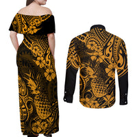Hawaii Pineapple Couples Matching Off Shoulder Maxi Dress and Long Sleeve Button Shirts Paradise Flowers Pacific With Gold Polynesian Tribal LT01 - Polynesian Pride