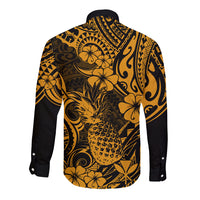 Hawaii Pineapple Long Sleeve Button Shirt Paradise Flowers Pacific With Gold Polynesian Tribal LT01 - Polynesian Pride