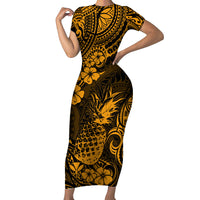 Hawaii Pineapple Short Sleeve Bodycon Dress Paradise Flowers Pacific With Gold Polynesian Tribal LT01 Long Dress Gold - Polynesian Pride