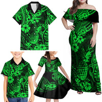 Hawaii Pineapple Family Matching Off Shoulder Maxi Dress and Hawaiian Shirt Paradise Flowers Pacific With Green Polynesian Tribal LT01 - Polynesian Pride