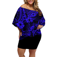 Hawaii Pineapple Family Matching Off Shoulder Short Dress and Hawaiian Shirt Paradise Flowers Pacific With Navy Blue Polynesian Tribal LT01 Mom's Dress Blue - Polynesian Pride