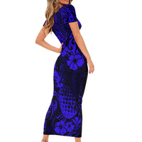 Hawaii Pineapple Short Sleeve Bodycon Dress Paradise Flowers Pacific With Navy Blue Polynesian Tribal LT01 - Polynesian Pride