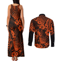 Hawaii Pineapple Couples Matching Tank Maxi Dress and Long Sleeve Button Shirts Paradise Flowers Pacific With Orange Polynesian Tribal LT01 - Polynesian Pride