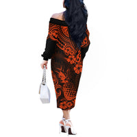 Hawaii Pineapple Off The Shoulder Long Sleeve Dress Paradise Flowers Pacific With Orange Polynesian Tribal LT01 - Polynesian Pride